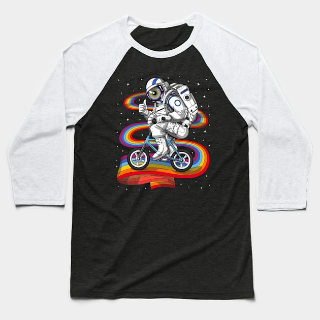 Psychedelic Astronaut Riding Bike Baseball T-Shirt by underheaven